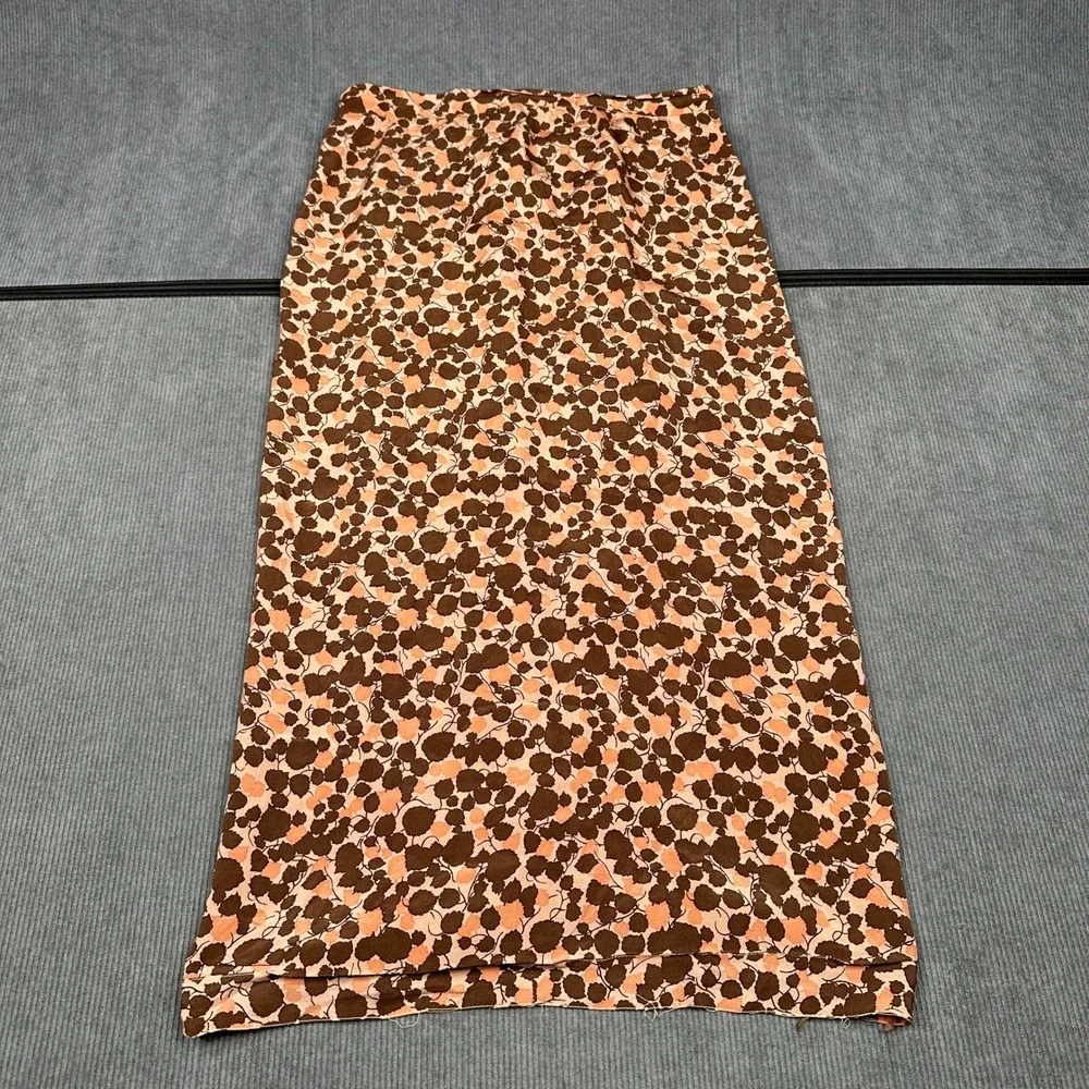 Andre Van Pier 100% Silk Maxi Skirt Brown Peach Floral Leaf Print High Waist